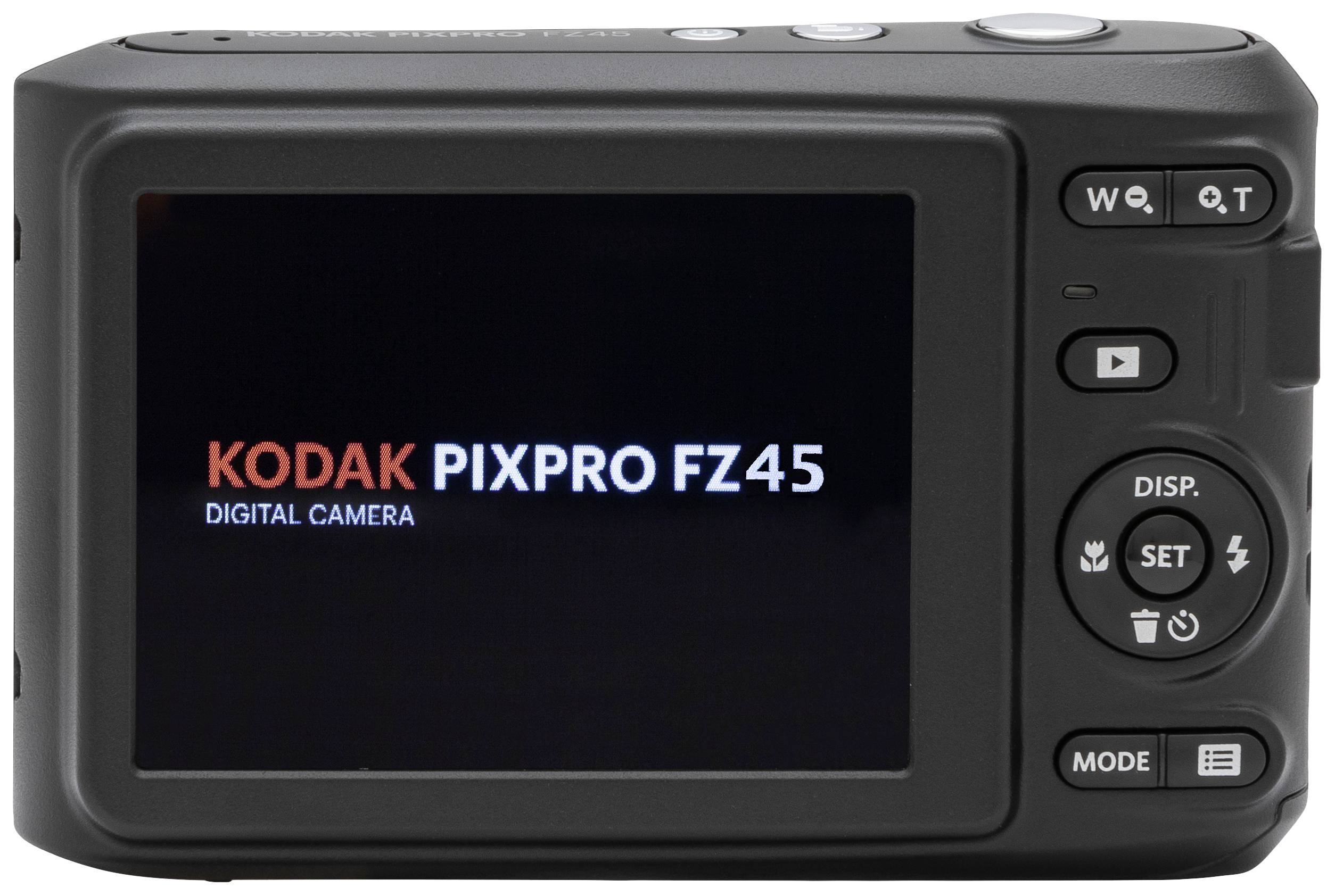 Achterkant van een digitale camera met display 'KODAK PIXPRO FZ45'. Toont bedieningselementen en schermstatus.