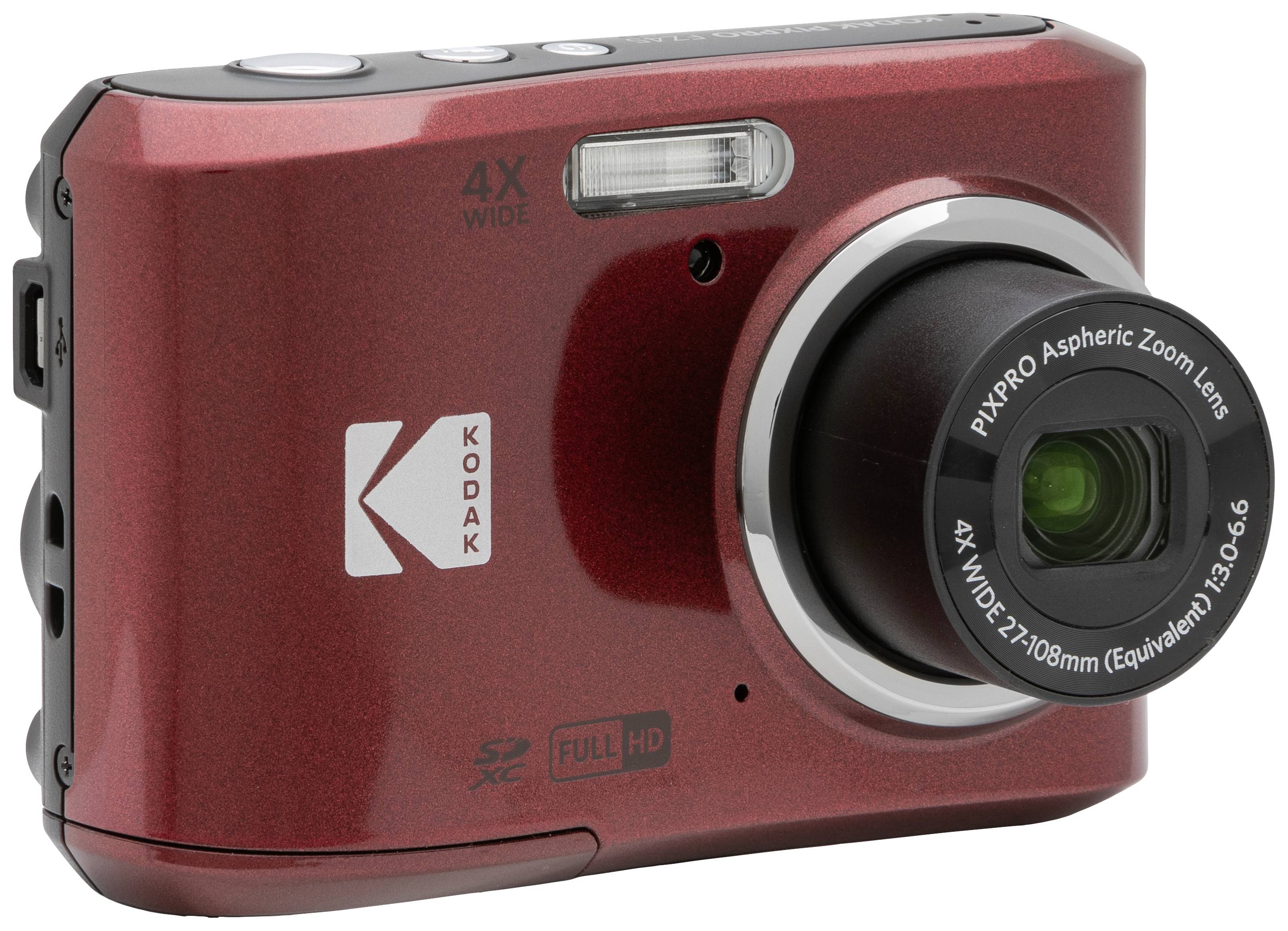Rode digitale camera met 4x zoomobjectief en ingebouwde flitser. 'Kodak' merkteken zichtbaar. Geschikt voor SDXC-kaarten en Full HD.