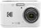 Een witte digitale camera met 'Kodak'-logo, 4X-groothoeklens en SDXC-compatibiliteit.