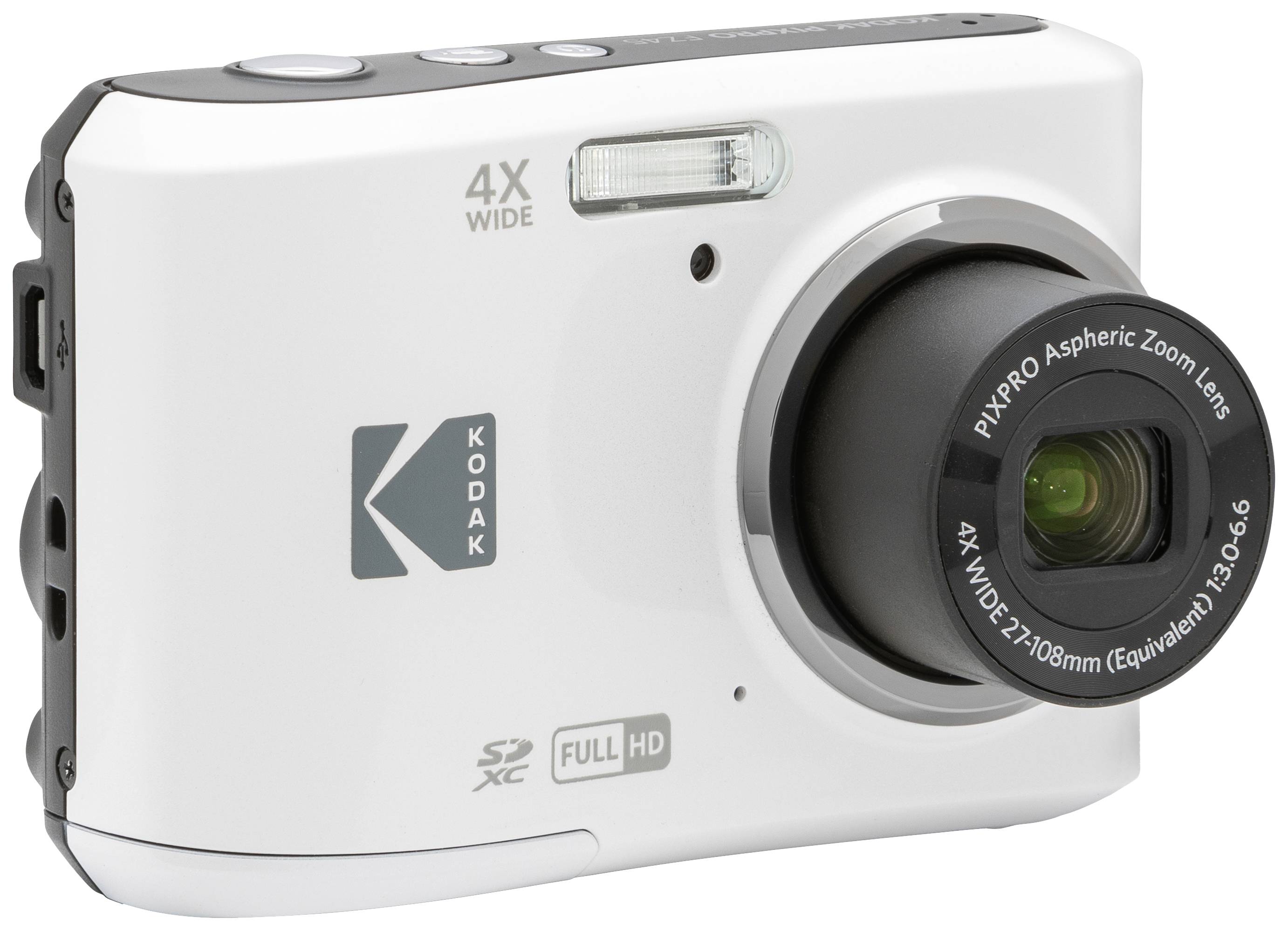 Digitale camera met 4X groothoek-zoomlens, merknaam zichtbaar, ontwikkeld voor fotografie in Full-HD-kwaliteit.