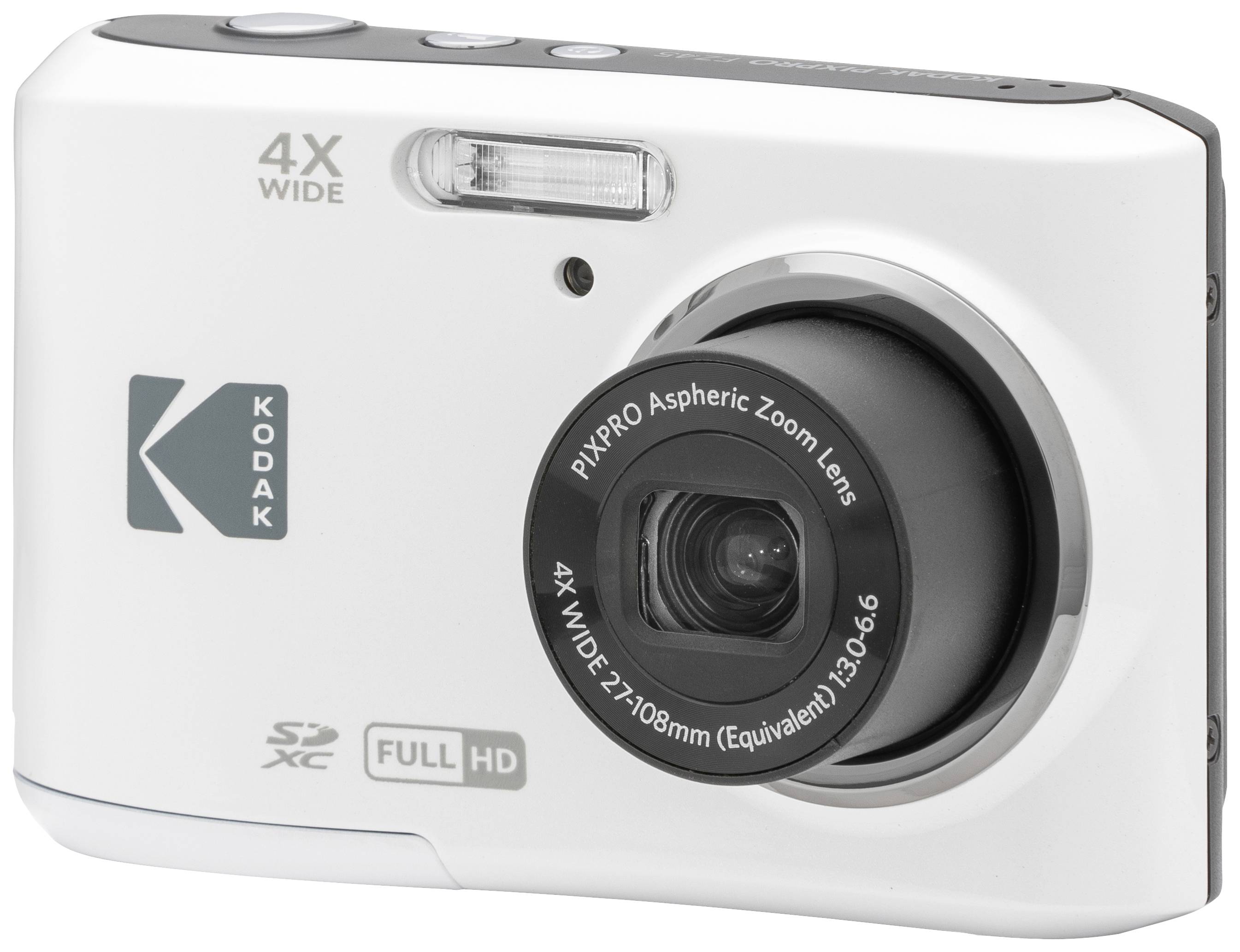 Witte digitale camera met 4x groothoekzoom en Full-HD-resolutie.