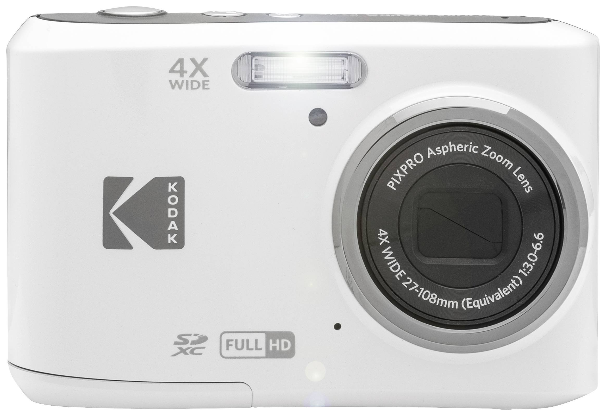 Een witte Kodak digitale camera met 4x zoom en Full HD functionaliteit.