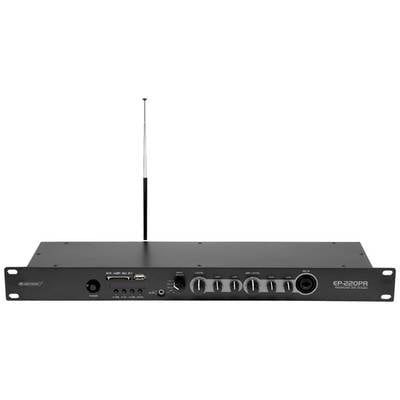 Een zwarte audioversterker met antenne, meerdere bedieningsknoppen en aansluitingen aan de voorkant. Model 'EP-220PR'.
