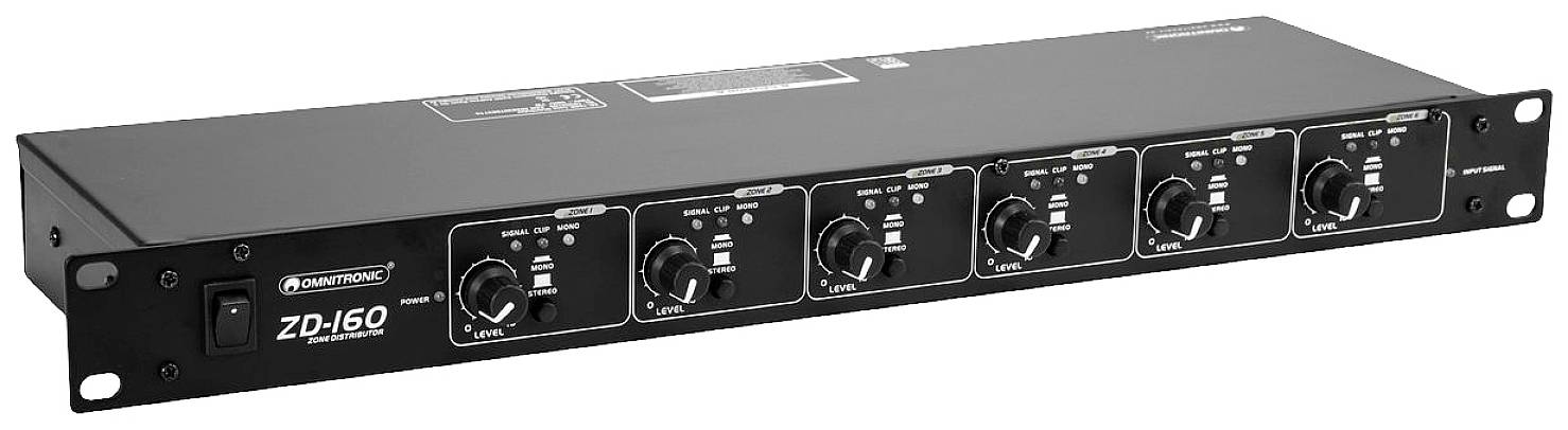 Zwarte audiomixer met zes kanalen, draaiknoppen en schakelaars aan de voorkant. Apparaat is geschikt voor rack-montage.