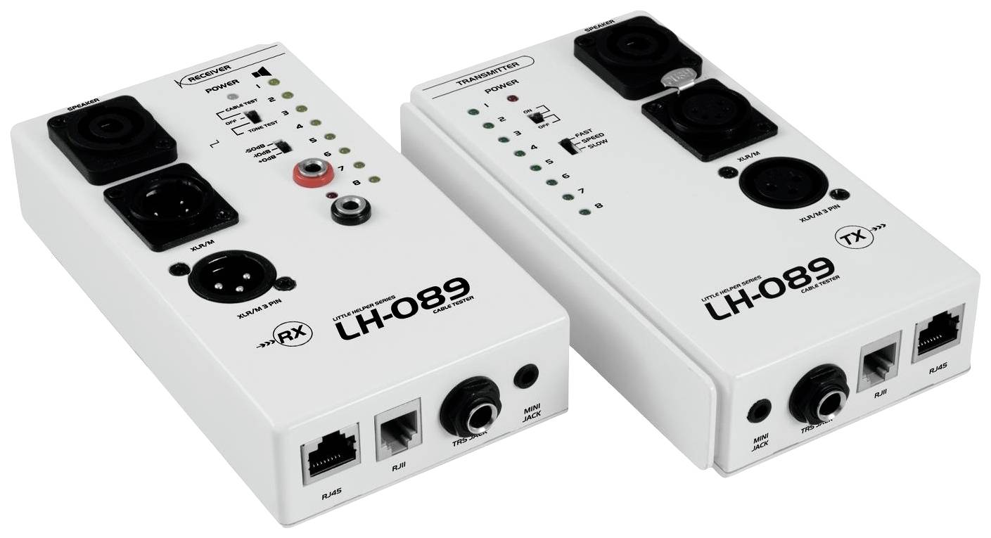 Twee witte audioapparatuur voor signaaloverdracht en -ontvangst, voorzien van aansluitingen zoals XLR, RJ45 en LED-indicatoren voor statusweergave.