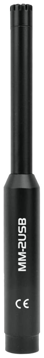 Zwarte USB-meetmicrofoon met microfoonkop bovenaan en 'MiniDSP UMIK-1' opschrift aan de zijkant, geschikt voor akoestische metingen.