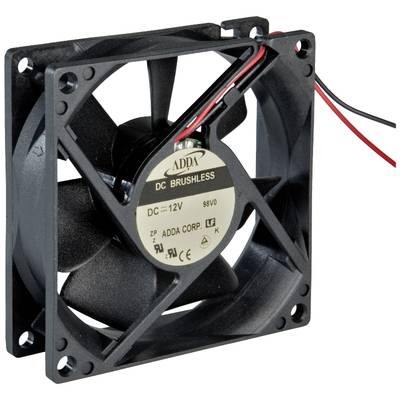 Zwarte computerventilator met etiket 'DC BRUSHLESS'. Rode en zwarte kabels aangesloten zichtbaar.