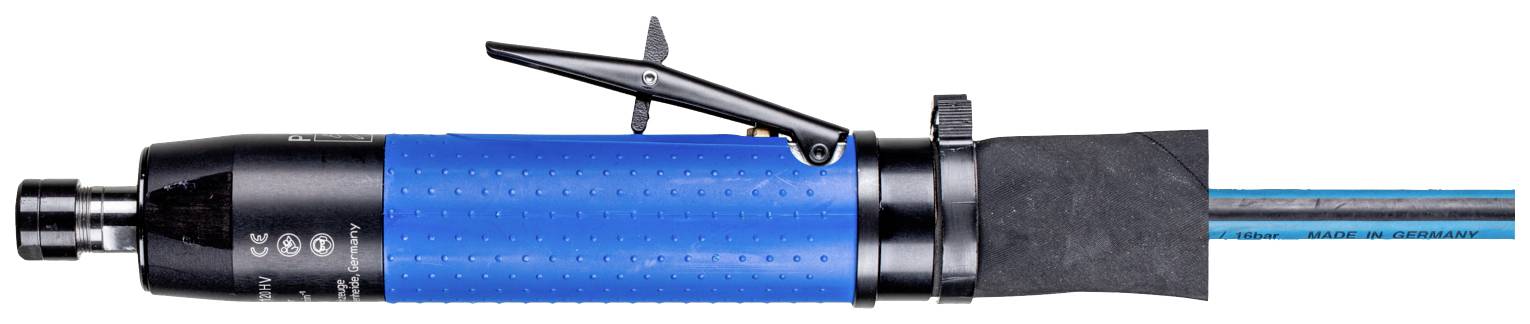Pneumatisch gereedschap met blauwe handgreep en hefboom voor bediening, aangesloten op een luchtslangensysteem.