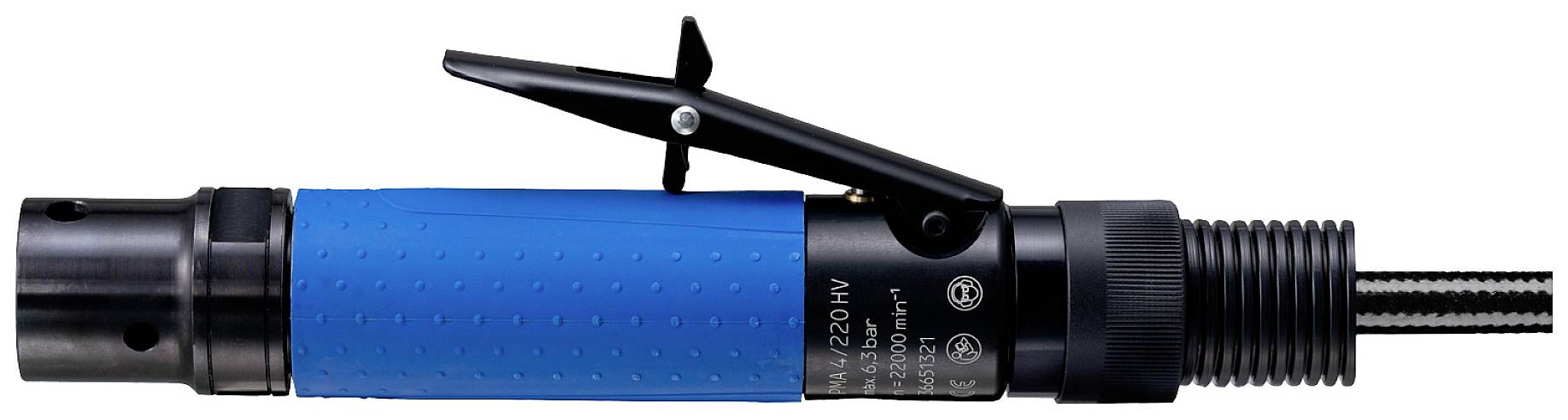 Een blauwe, industriële pneumatische schroevendraaier met zwarte handgreep en veiligheidspal, bestemd voor het bewerken van schroefverbindingen.