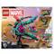 Lego Marvel speelgoedset met een groen, futuristisch ruimteschip. Kan worden gekoppeld met kleinere modules. Bevat figuren op de achtergrond.