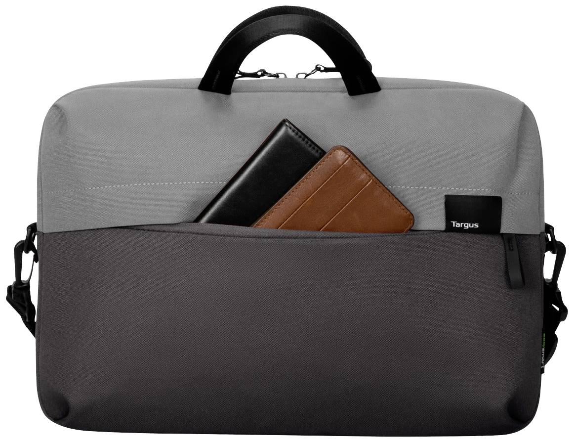 Grijze en zwarte schoudertas met een voorste buitenzak, waaruit een zwart en bruin etui steekt, met daarop het logo 'Targus'.
