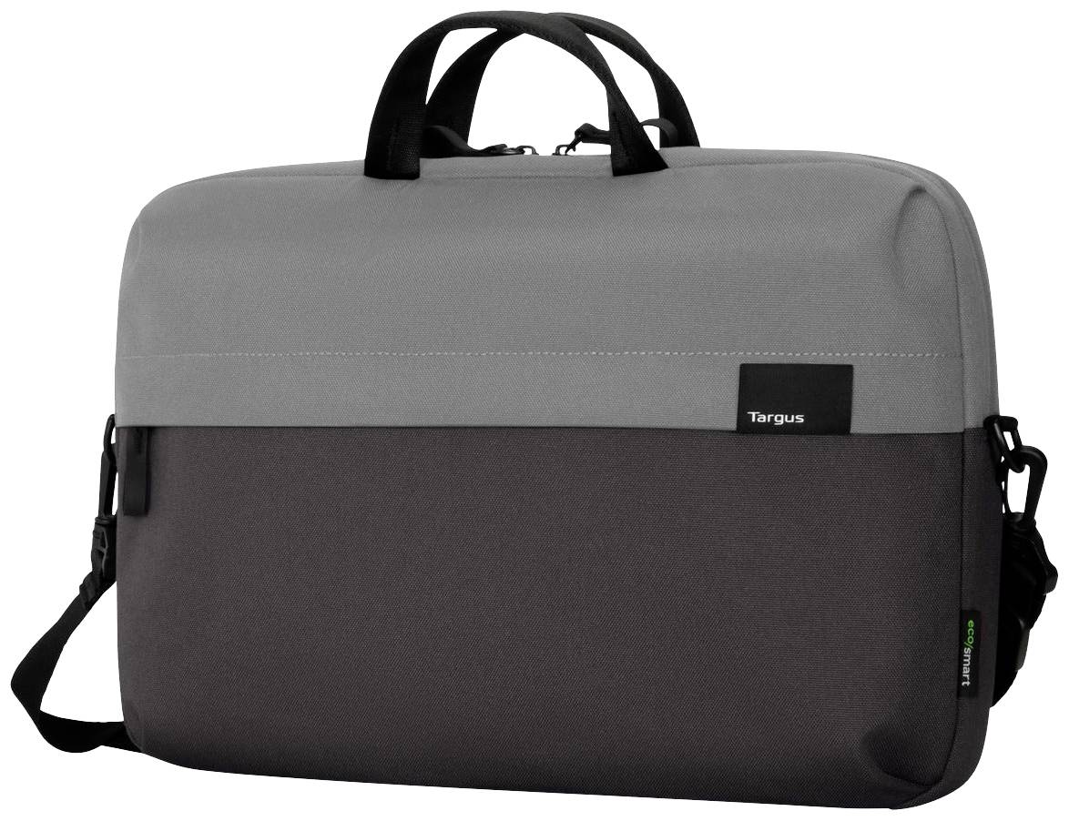 Grijze Targus laptoptas met zwarte handgrepen en afneembare schouderband, geschikt voor het vervoeren van laptops en toebehoren.