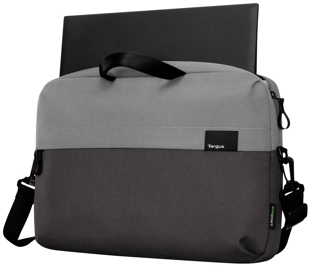 Grijze en zwarte laptoptas met rits en schouderband. Een zwarte laptop steekt uit de tas.