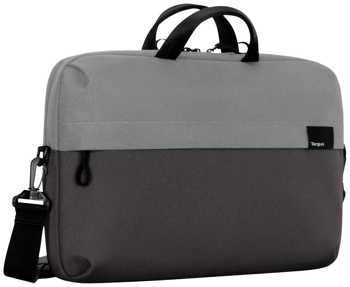 Grijze en zwarte laptoptas met handgrepen en afneembare schouderband.