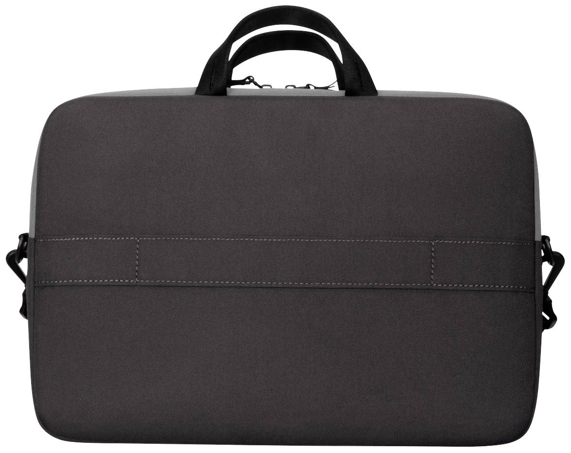 Een zwarte laptoptas met twee handgrepen en een schouderband. De tas heeft een strakke, rechthoekige vorm.
