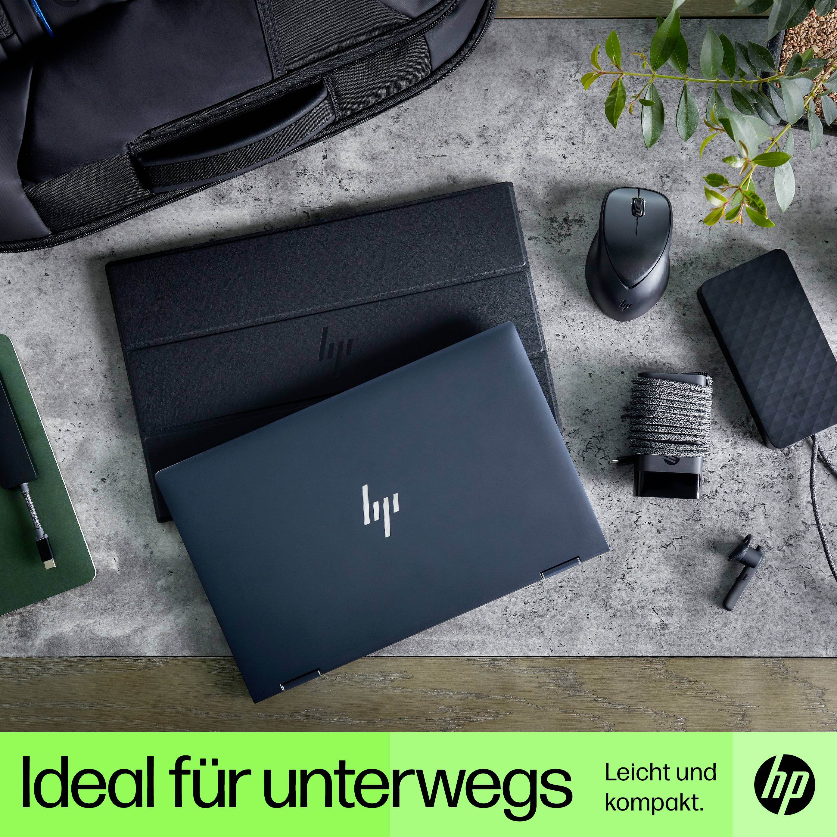 Een laptop, een tas, een muis en een notitieboek op een tafel. De tekst 'Ideaal voor onderweg - Licht en compact.' is zichtbaar.