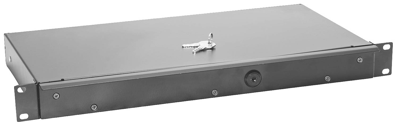 Zwarte 1U-rackmodule met slot en bovenliggende sleutels, geschikt voor de veilige opslag van apparatuur.