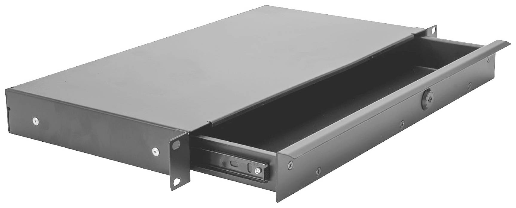 Grijze metalen lade, licht geopend. Hij is bedoeld voor montage in een rack en biedt ruimtebesparende opbergruimte.