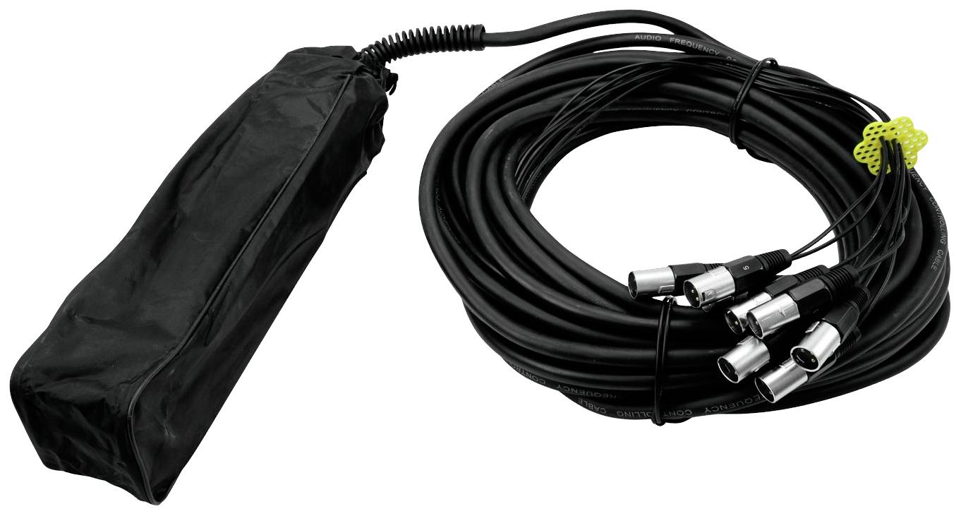 Een zwart, meeraderig audiokabel met meerdere XLR-stekkers is netjes opgerold en ligt naast een beschermhoes.