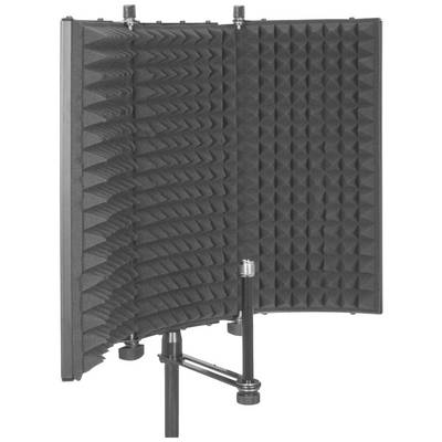Een zwarte akoestische reflectiefilter op een standaard. De filter heeft een gebogen, geluidsabsorberende oppervlakte met piramidaal vormige schuimstoftoppen.