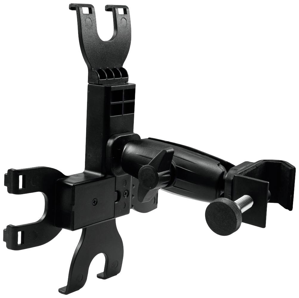 Een zwarte klemsteun met verstelbare armen, geschikt voor het bevestigen van apparaten aan vlakke oppervlakken of stangen.