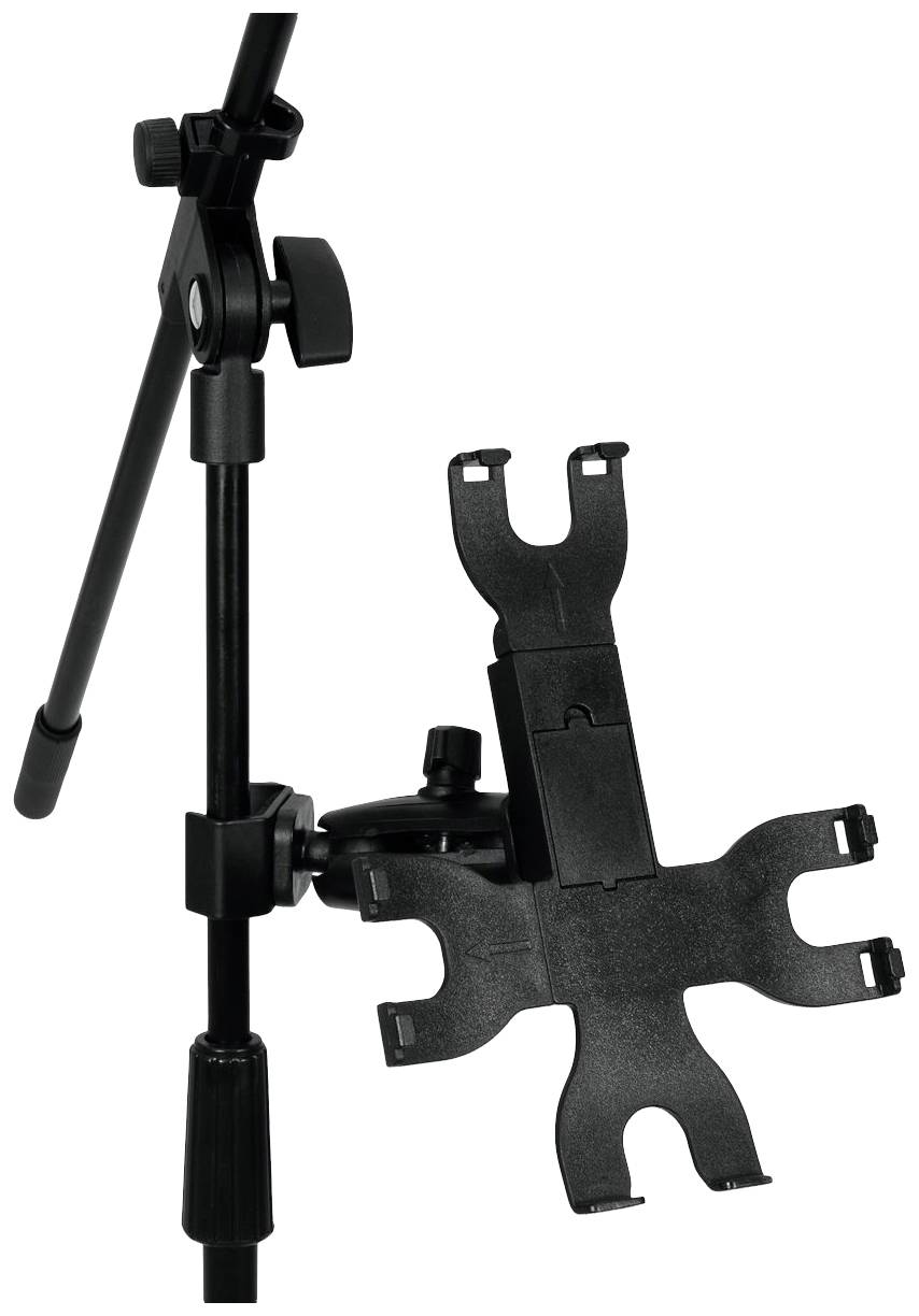 Houder voor een tablet aan een statief bevestigd, verstelbaar met meerdere klemmen en knoppen voor nauwkeurige positionering.