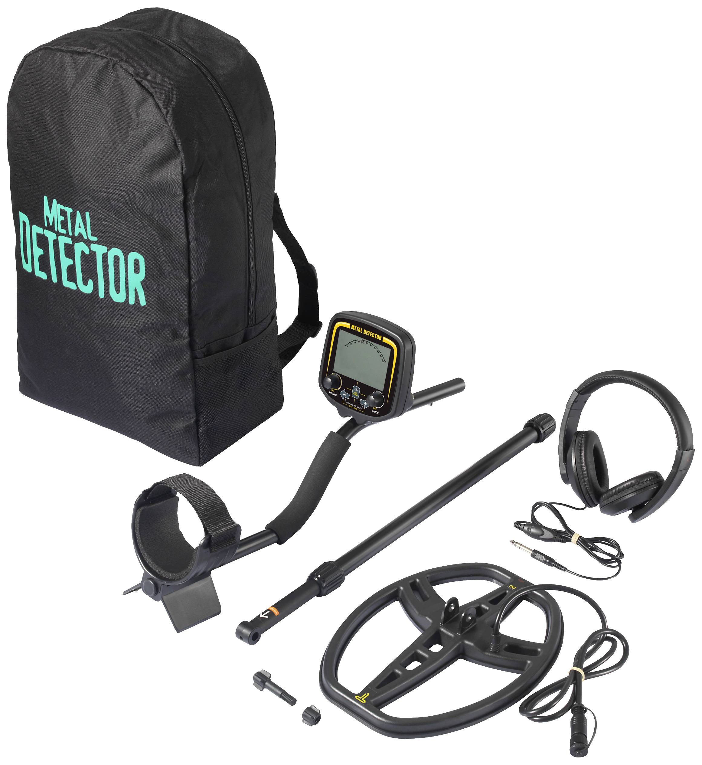 Metaaldetector-set: Detector, spoel, koptelefoon en transporttas met opschrift 'Metal Detector'. Ideaal voor schatzoeken.