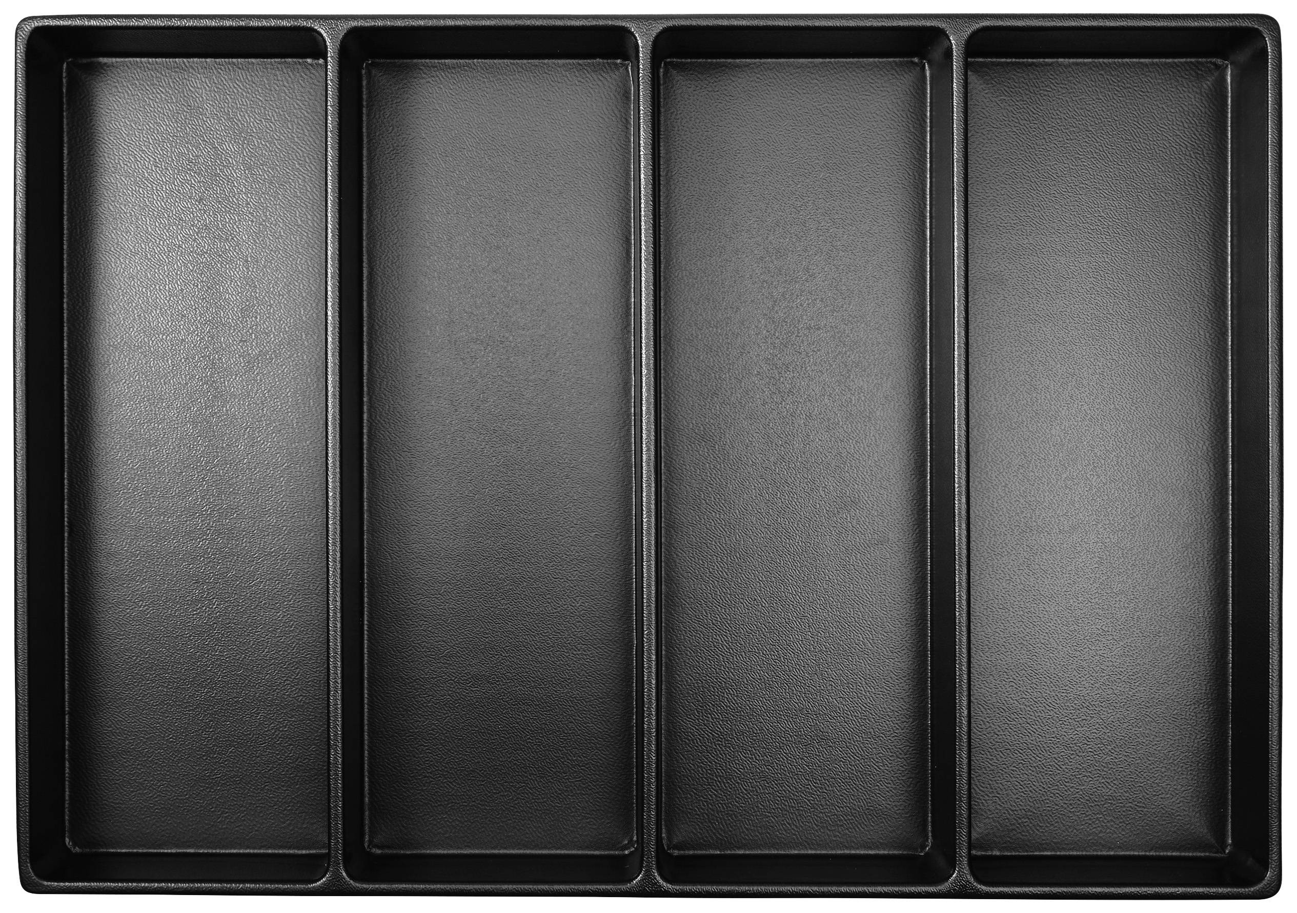 Zwart, rechthoekig dienblad met vier gelijke vakken op een rij.