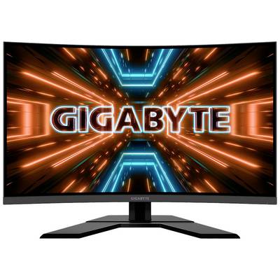 Een monitor met het 'GIGABYTE' logo op het scherm, omgeven door oplichtende, futuristische lichtstrepen in blauw en oranje.