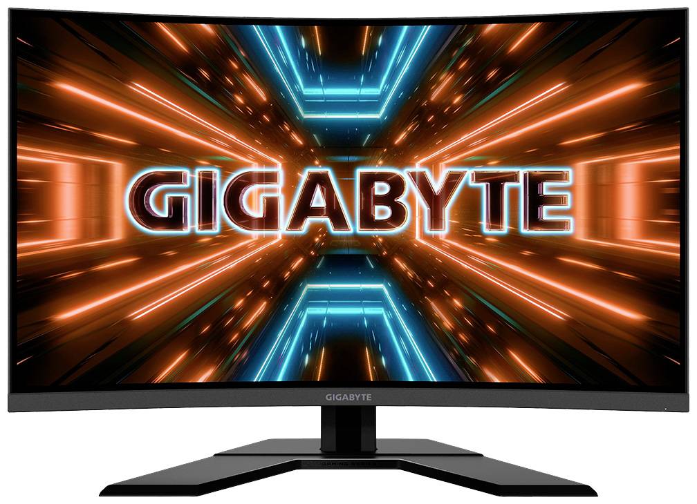 Gebogen scherm met oplichtende neonstrepen in oranje en blauw. 'GIGABYTE' in grote letters gecentreerd op het scherm.