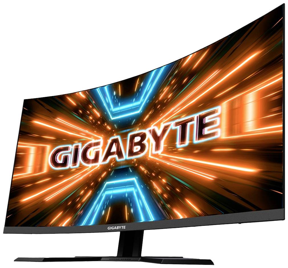 Gebogen computerscherm van Gigabyte toont neonkleurige, dynamische lijnen op de achtergrond met het merkenlogo op de voorgrond.