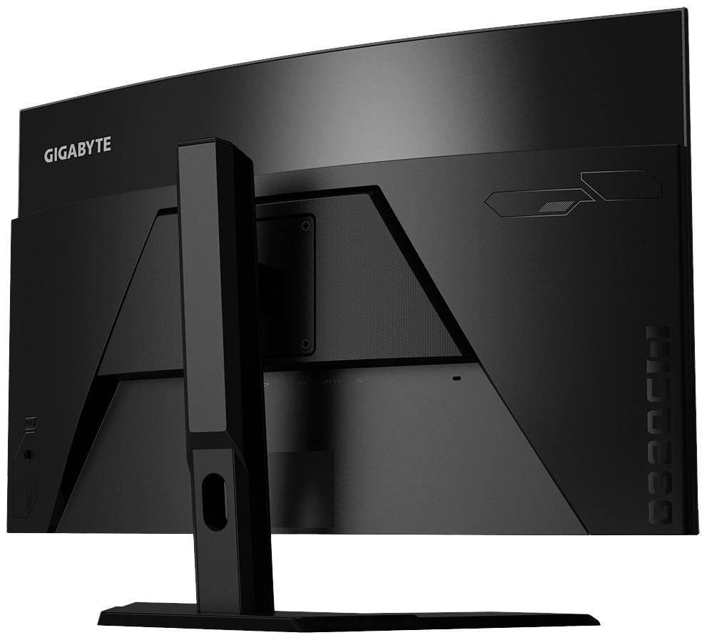 Een computerscherm van achteren, met een strak zwart design en een stevige voet.