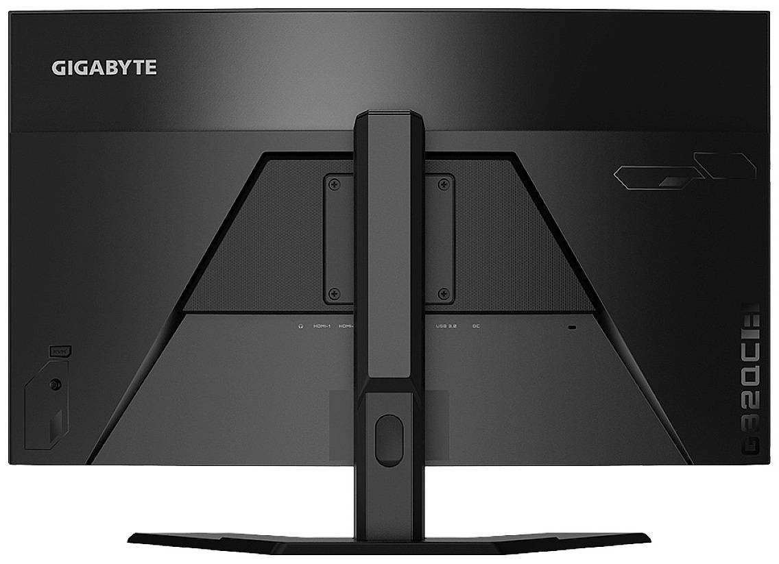 Achteraanzicht van een zwarte gaming-monitor van GIGABYTE, model G32QC, met strakke, geometrische lijnen en een robuuste standaard.