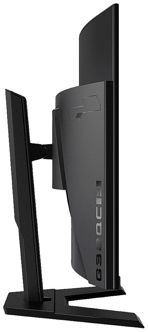 Een zwarte computermonitor van opzij, met een stabiele voet, toont zijn slanke ontwerp.