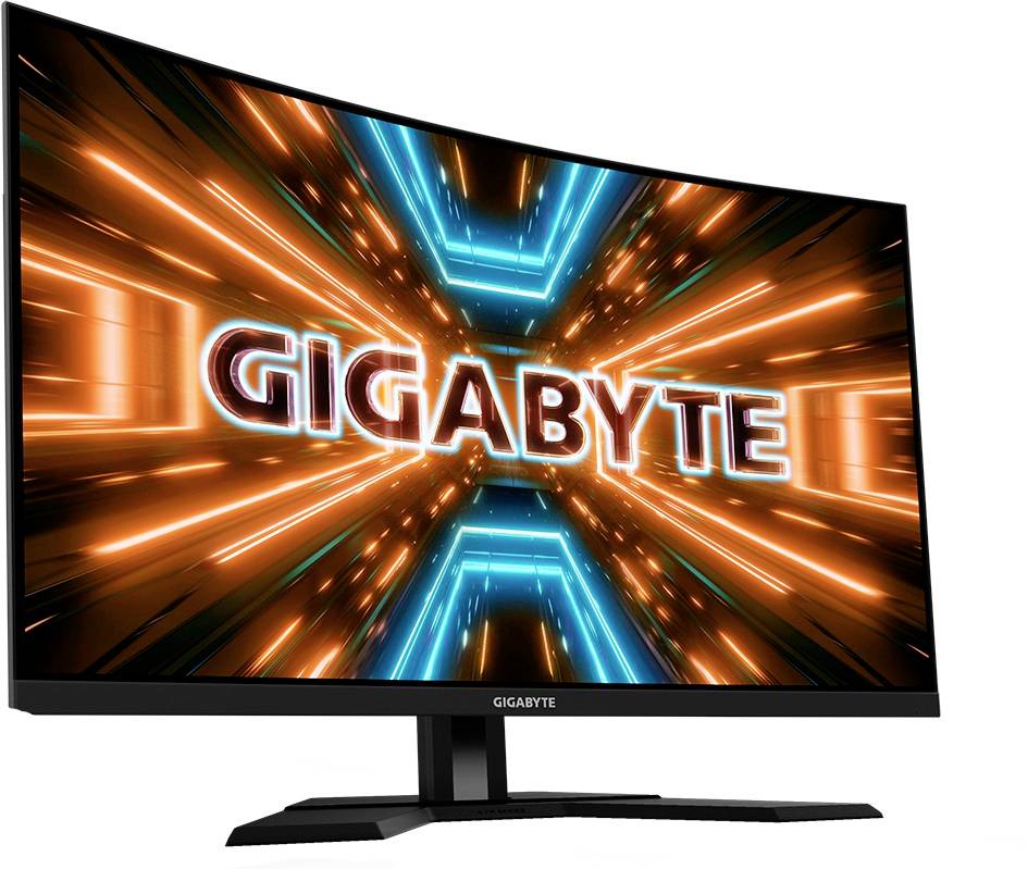 Een gebogen monitor toont het woord 'GIGABYTE' in levendige, dynamische kleuren op het scherm. Het design straalt energie en technologie uit.