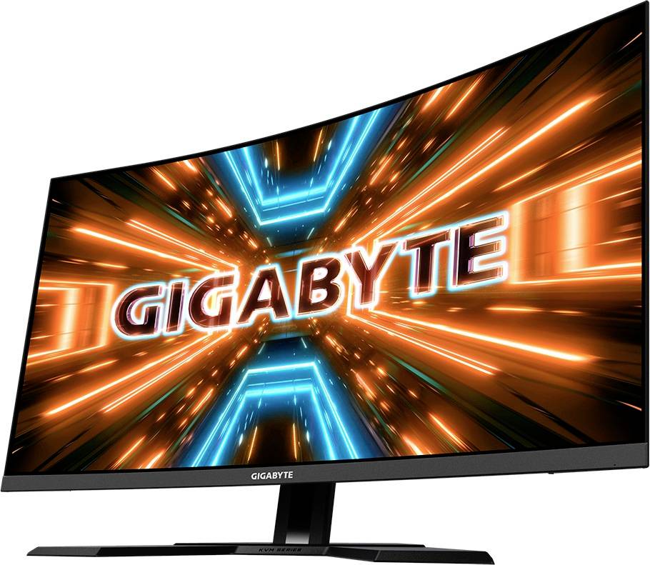 Een gebogen monitor toont het woord 'GIGABYTE' met een dynamische, oplichtende achtergrond in oranje en blauw.
