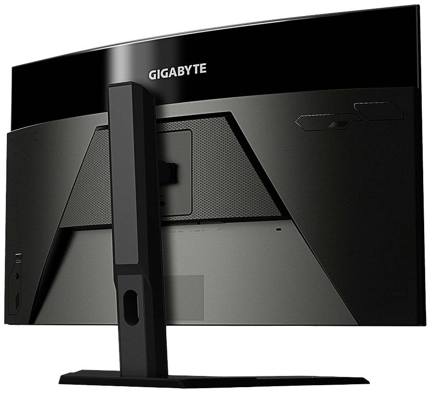 Een zwarte Gigabyte-computermonitor, gezien van achteren. Het scherm heeft een stevige standaard en een modern, minimalistisch ontwerp.