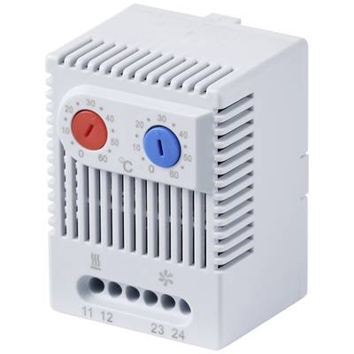 Grijze thermostaat met twee draaiknoppen, rood voor verwarming en blauw voor koeling, temperatuurbereik van 0-60°C, aansluitingen onderaan.