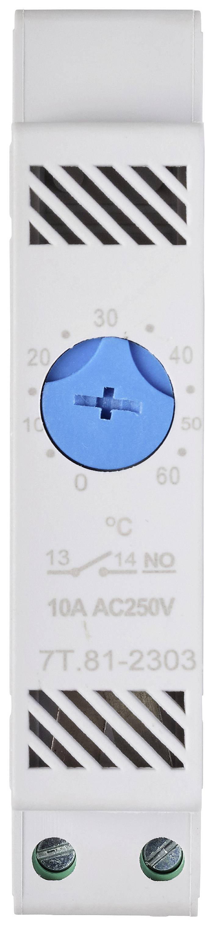 Een witte thermostaat met een blauw instelwiel, temperatuurweergave van 0 tot 60 graden Celsius, en opschrift '10A, AC250V'.