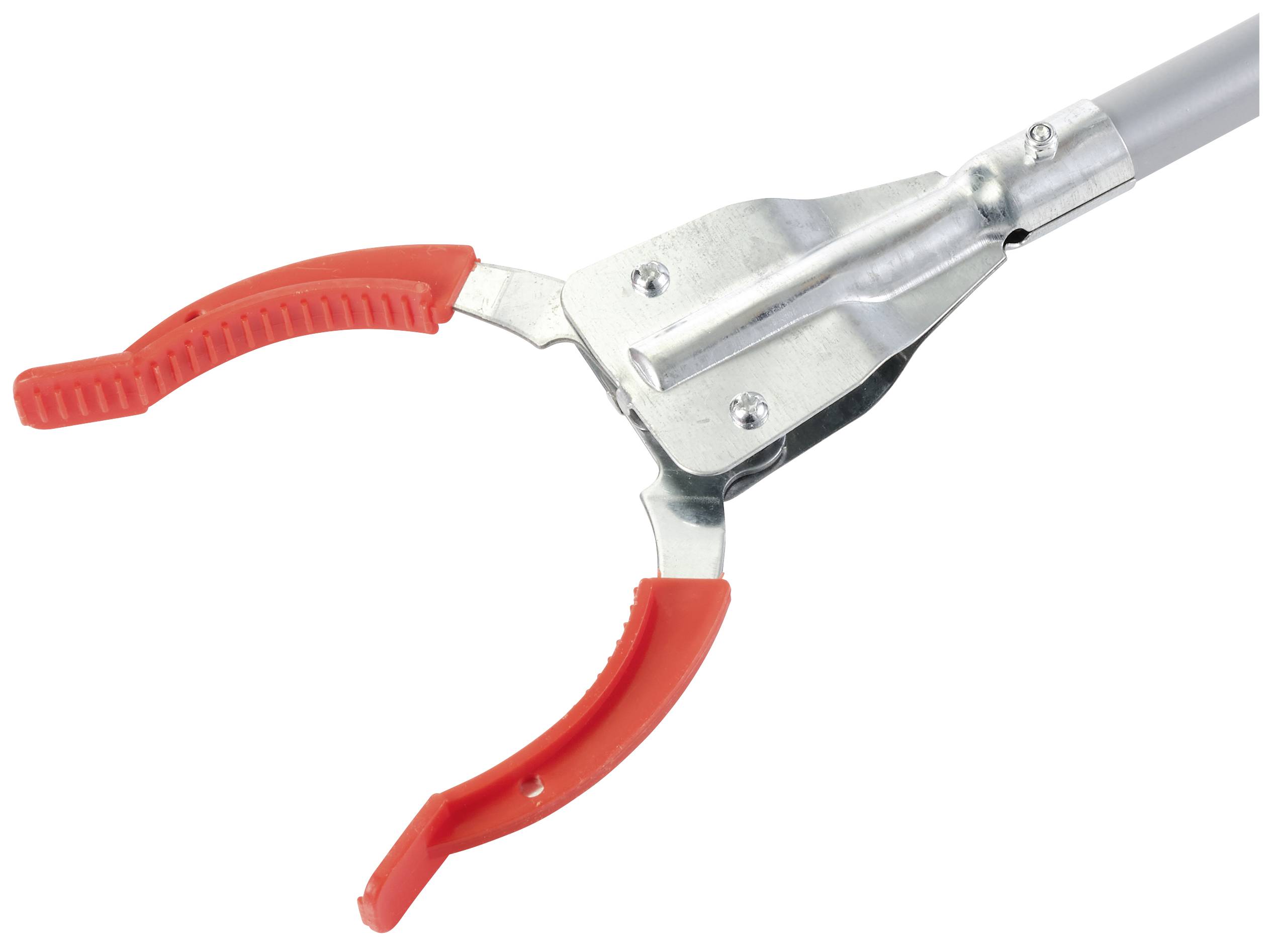 Grijper met lange steel en rode rubberen tips, om voorwerpen te pakken zonder te bukken of te reiken.