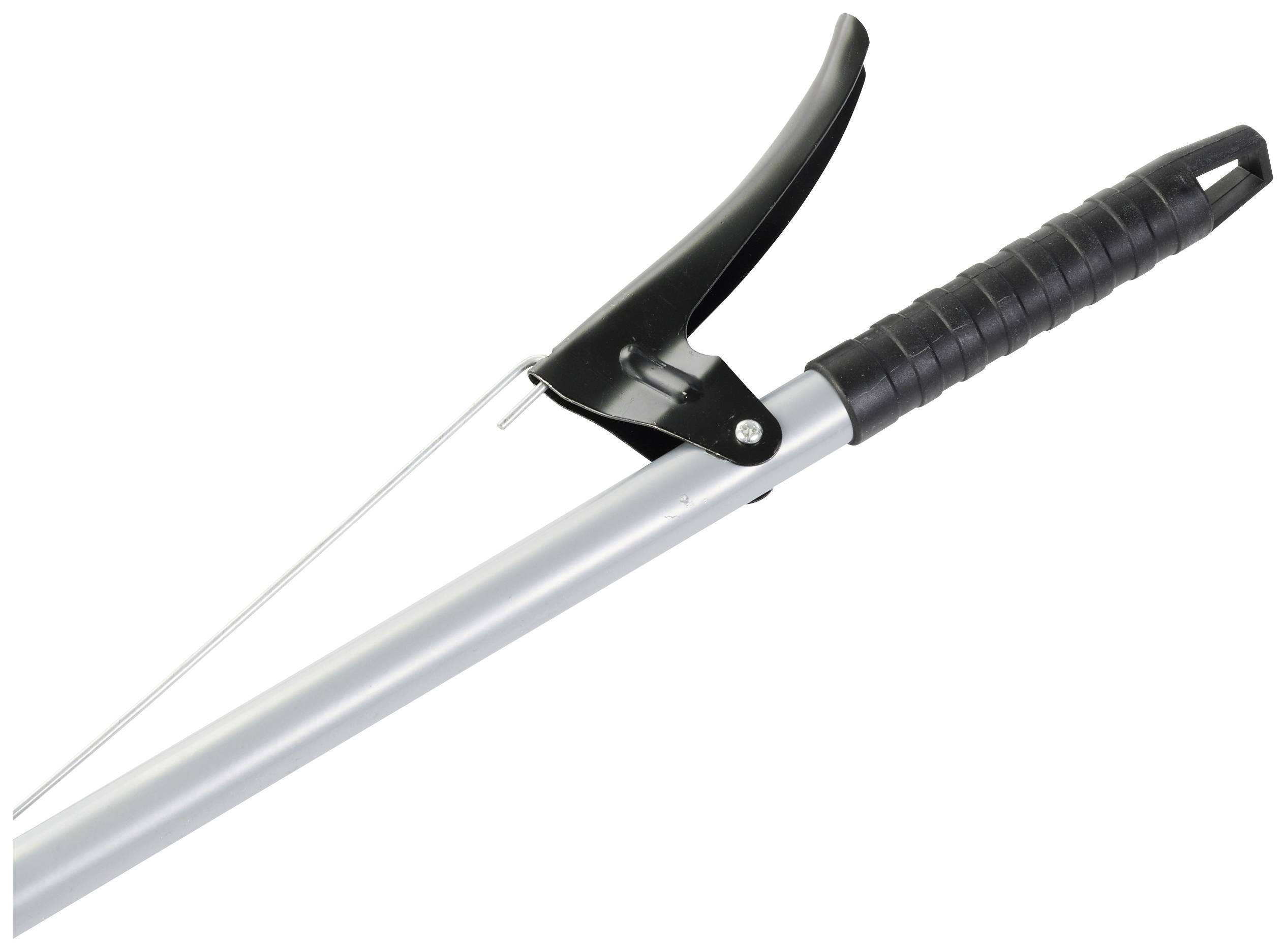 Grijper met een lange steel en zwart handvat, gebruikt voor het oppakken van voorwerpen.
