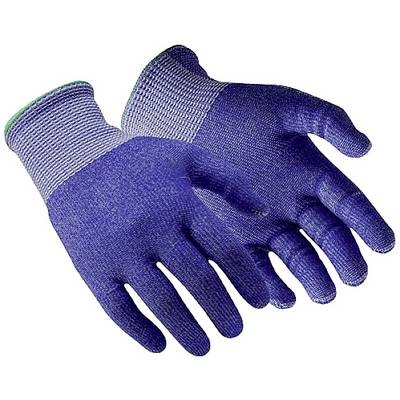 Twee blauwe werkhandschoenen van grove stof die naast elkaar liggen.