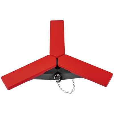 Rood, drievleugelig afsluitingselement met ketting, gebruikt voor het afbakenen of beveiligen van een ruimte.
