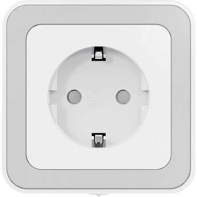Een witte, vierkante stopcontact met een grijze rand en twee aansluitpunten voor Euro- en Schuko-stekkers om elektriciteit te leveren.