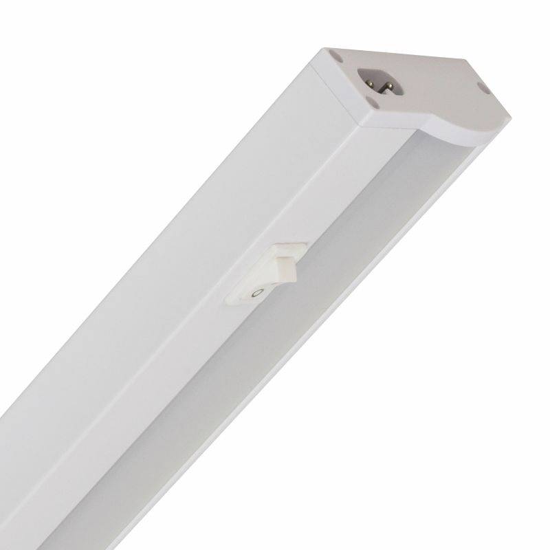 Witte LED-lamp in een strak behuizing, geschikt voor montage onder kasten of planken, voorzien van een aan/uit-schakelaar.