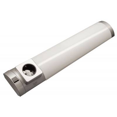 Een rechthoekige LED-onderbouwlamp met een geïntegreerd stopcontact aan de zijkant. Voornamelijk uitgevoerd in wit en zilver.