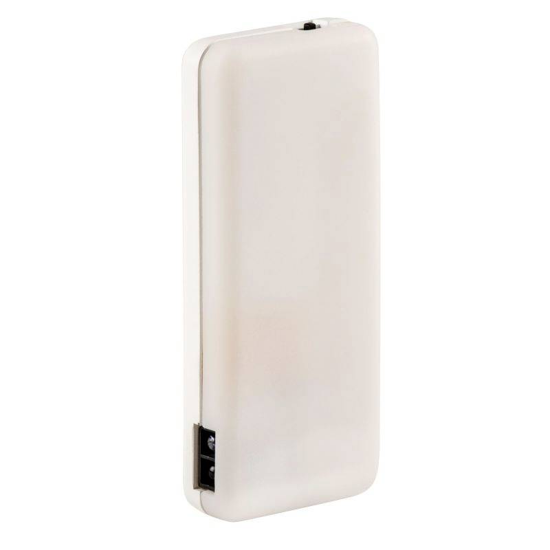 Wit rechthoekig behuizing, horizontaal georiënteerd. Mogelijk een technisch apparaat of een behuizing voor elektronica.