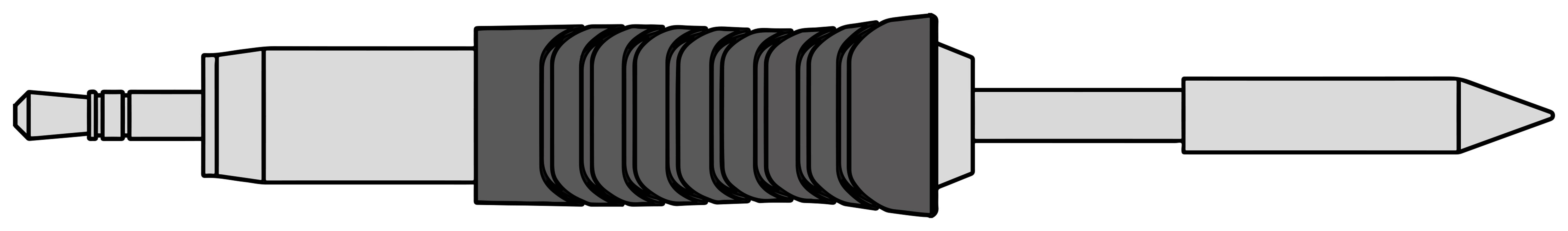 Stekker: Een metalen stekker met een geribbelde kunststof handgreep, die wordt gebruikt als standaard audio-aansluiting.