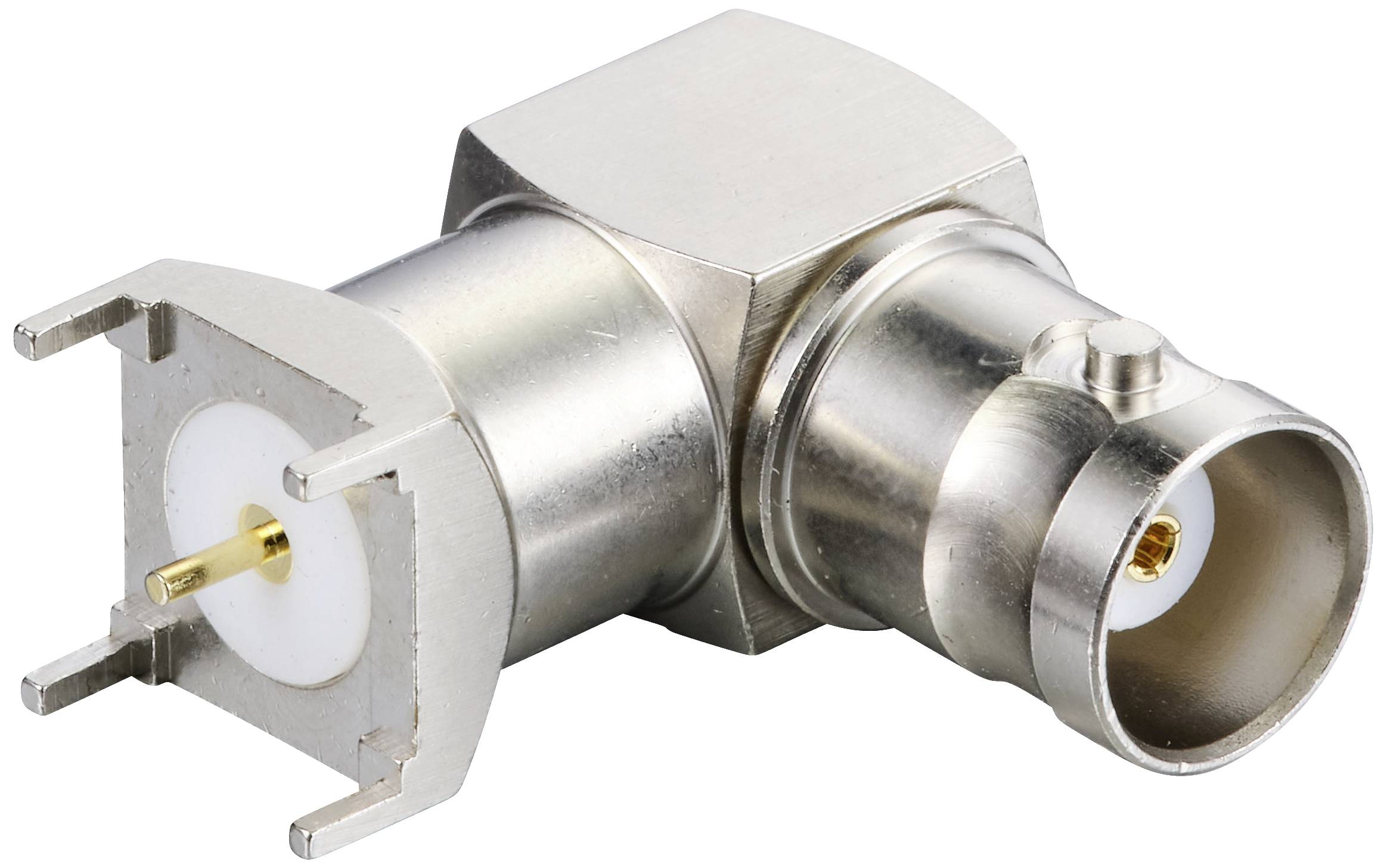 Een metalen RF-connector met een haaks ontwerp, geschikt voor elektrische verbindingen in communicatieapparatuur.