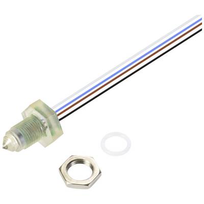 Een cilindrische sensor met meerkleurige kabel en bevestigingsmoeren. Geschikt voor technische en elektronische toepassingen.